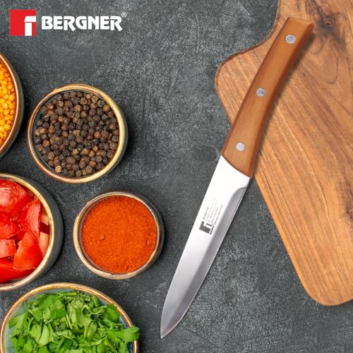 Image of BERGNER Natural Stainless Steel 20cm Slicer Kitchen Knife, for Cutting, Chopping, Slicing etc, Sharp Blade, Food Grade, Non-Toxic Stainless Steel Material, Mirror Finish, Wooden Handle, Non-Slip Grip