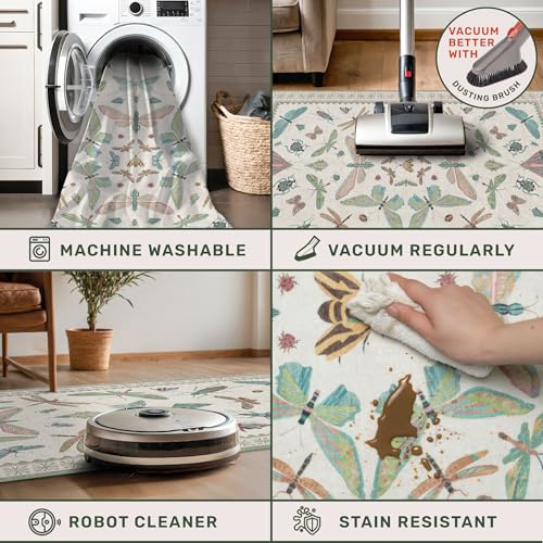 Image of Insect Print 8ft Long Hallway Runner Rug - 2'6''x8' Light Green Rug for Kitchen Floor, Wide Entryway Runner Rug, Washable Non Slip with Rubber Backing, Cool Butterfly Indoor Decor