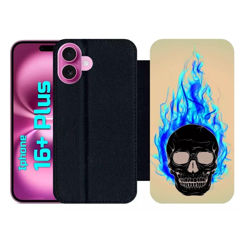 Étui à rabat pour iPhone 16 Plus en simili-cuir noir avec motif skull feu
