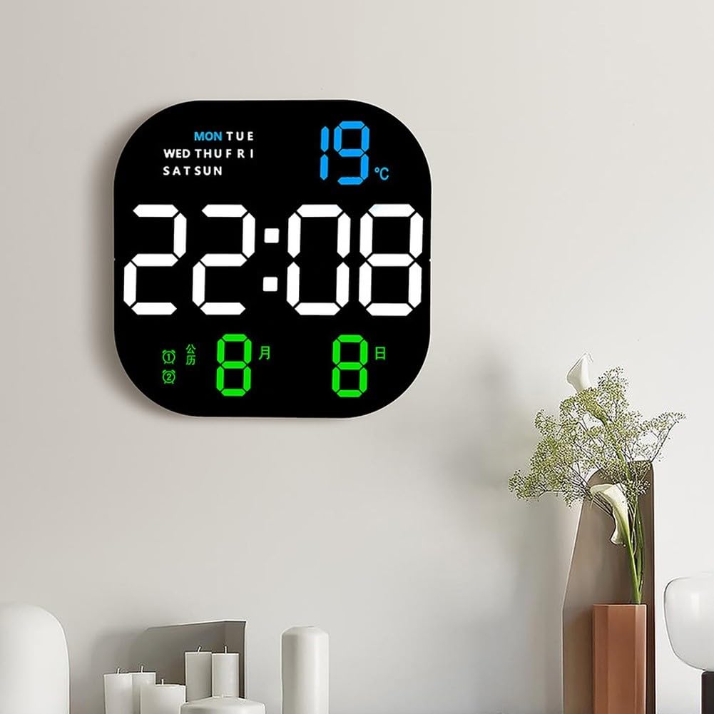 Horloge murale numérique LED moderne avec alarme, thermomètre, calendrier, affichage jour de la semaine, luminosité réglable, télécommande pour la maison, le bureau, la chambre à coucher
