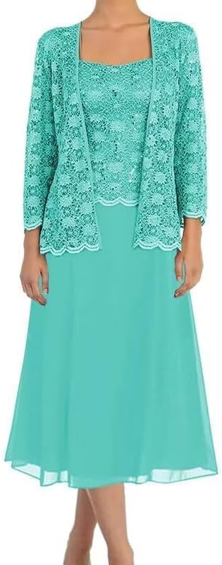2 Piece Mother of The Bride Dresses Tea Length - Women's Long Sleeve Chiffon Lace Formal Dress for Wedding with Jacket - Image 2