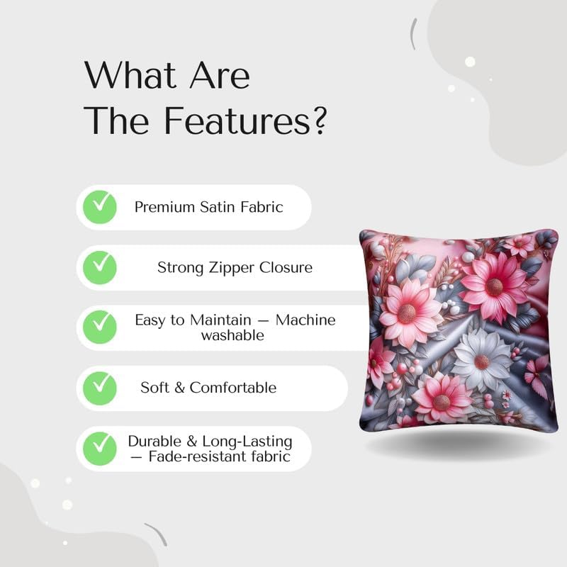 Image of Decorative Satin Sofa Cushion Covers Set of 5, 16 x 16 Inches, Multicolor Floral Printed Pillow Covers for Living Room, Bedroom, Couch & Sofa, Soft Glossy Fabric, Zipper Closure