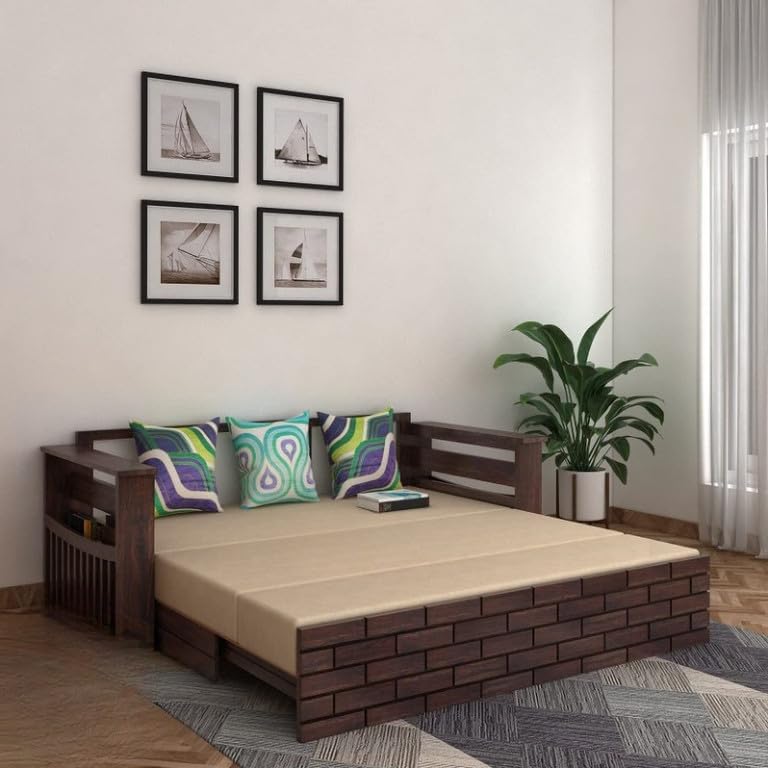 Image of Solid Sheesham Wood Sofa Cum Bed 3 Seater | Wooden Foldable Double Bed for Living Room with Headboard & Storage | Bed Cum Sofa with Mattress for Bedroom Furniture (Walnut Finish)