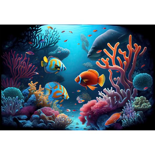 Image of Underwater Aquarium Background Deep Ocean Coral Reef Seascape Terrarium Background Tropical Colourful Fish Marine with Sunbeams Fish Tank Backdrop Poster Wallpaper Decorations Vinyl 48x20in