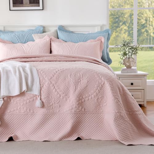 Image of EVENHUG Oversized King Bedspreads California King Quilt Set with Pillow Shams Extra Wide Large King Size Quilts Lightweight Coverlet Bedding Sets Pink 120 inchx120 inch