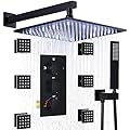 ENGA Matte Black Thermostatic Rain Shower System with 6 Body Jets, 12” LED Rainfall Shower Head, Wall Mount Full Body Shower Faucet Set with High Pressure Handheld Shower
