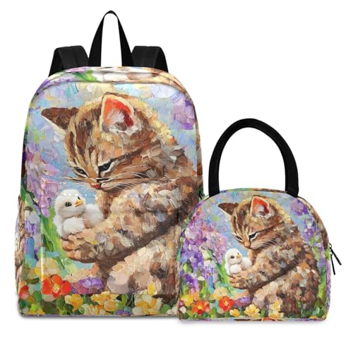 Cat and Chicken Print Backpack Set with Lunch Bag, Large Capacity Travel Backpacks and Lunch Box Insulated for Commute Hiking Picnic