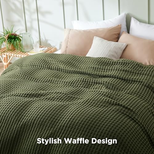 Image of Bedsure Cooling Cotton Waffle Queen Size Blanket - Lightweight Breathable Blanket of Rayon Derived from Bamboo for Hot Sleepers, Luxury Throws for Bed, Couch and Sofa, Olive Green, 90x90 Inches