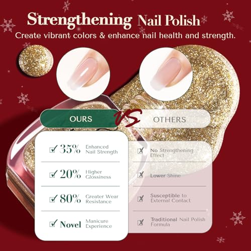 Image of AZUREBEAUTY Nail Polish Set, 4 Colors Christmas Glitter Red Green Gold Silver Quick Dry Natural Fingernail Lacquer Strengthening Treatment Kit with Top Coat DIY Salon at Home