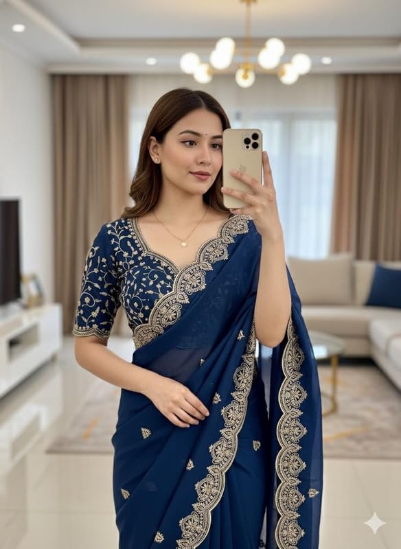 Sari Organza-Seide mit indischer Stickerei und ungenähtem Blusenteil