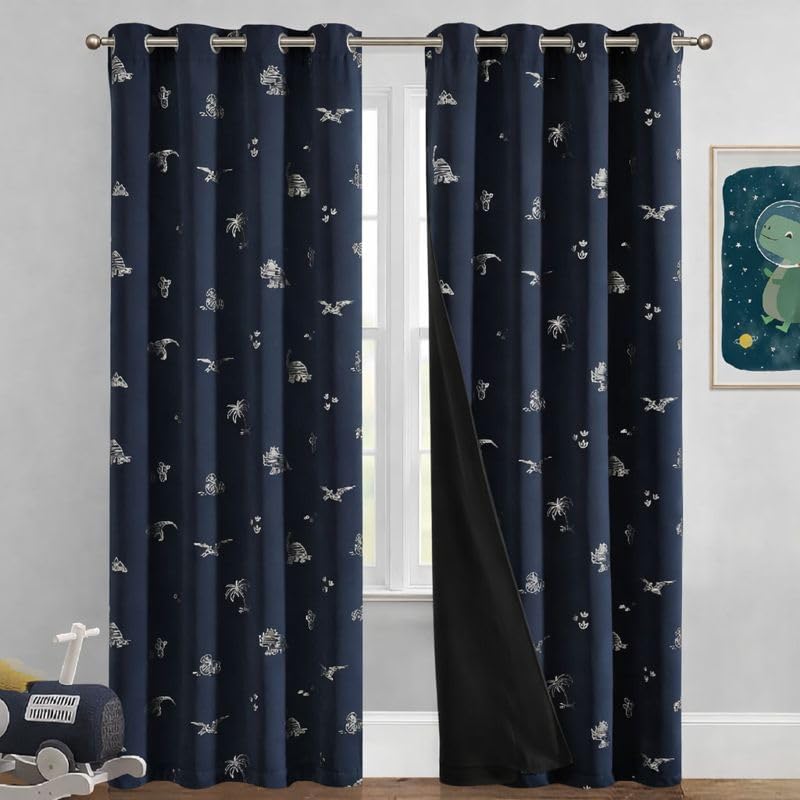 Image of BFAM Kids Blackout Curtains 9 feet Set of 1 - 100% Room Darkening, Thermal Insulated, Noise Reducing, Cute Blue Dino Prints, Eyelet Curtains for Playroom, Bedroom & Nursery, Pack of 1 Curtain