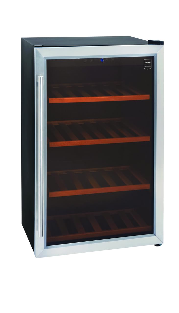 METRO Professional Vinoteca GWC3040, Acero inoxidable/vidrio, 4 Estantes de Madera, Termostato digital, para 48 Botellas de vino, negro/plateado