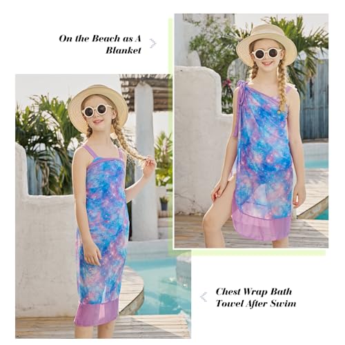 uideazone Girls One Piece Swimsuit with Cover Up Wrap Skirt Set Cool Printed Two Piece Bathing Suit 6-12T3