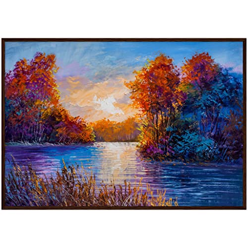 Décoration murale paysage lac paisible cadre bois foncé 70x100 cm