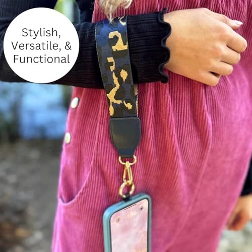 Image of Save the Girls Original Clip and Go Phone Strap (Leopard Navy /Brown - Navy Pouch) - Crossbody Phone Strap Chain with Zipper Wallet Pouch - Phone Lanyard with Zippered Pouch