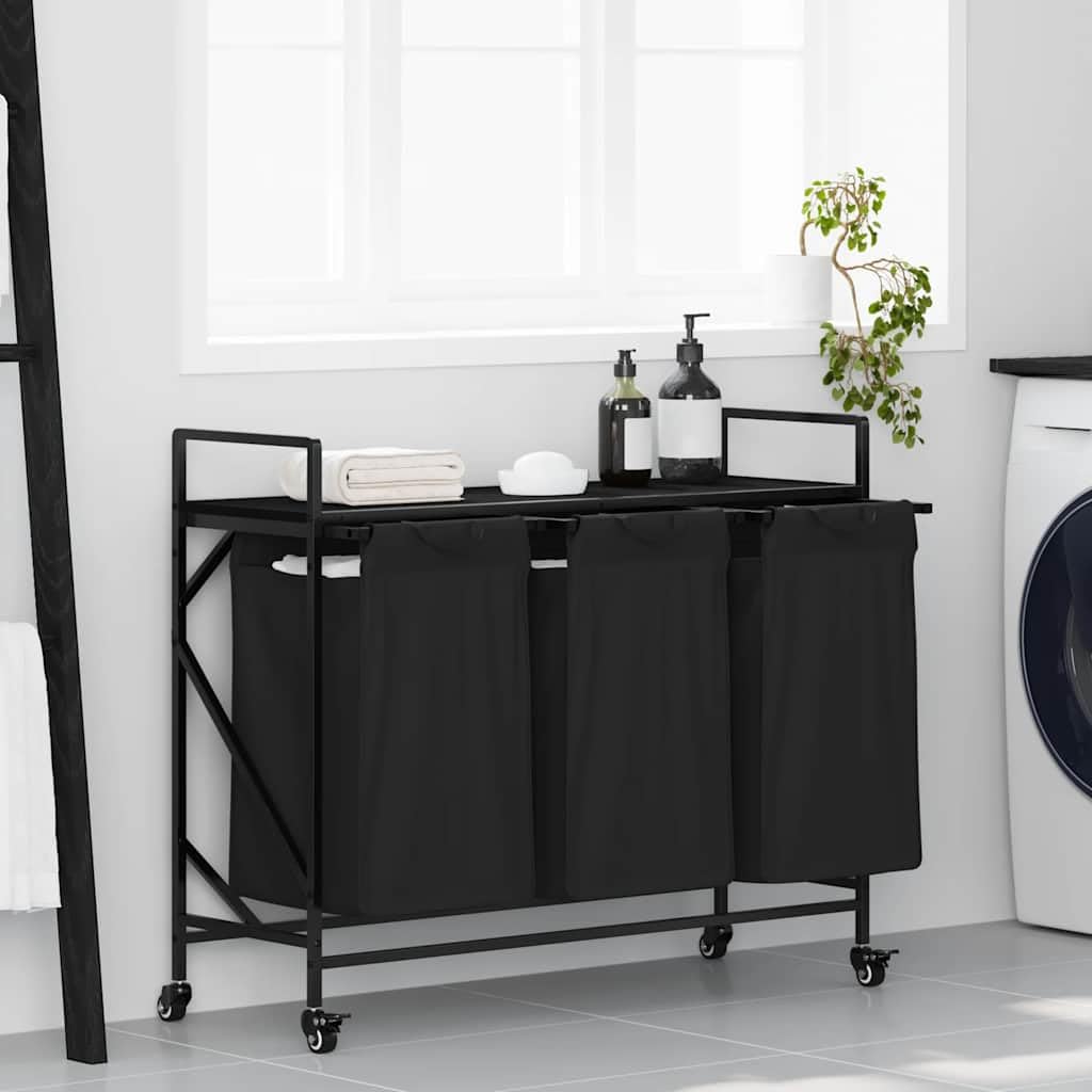Wäschekorb 3 Fächer mit Rädern, ausziehbare Wäschesäcke aus 100 Prozent Polyester, Stahlrahmen und Holzwerkstoff, 99 x 33 x 82 cm, für Waschküche und Schlafzimmer