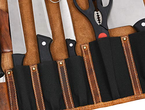 Aaron Leather Goods Leather Knife Roll Storage Bag | Elastic and Expandable 10 Pockets | 6 Leather Pocket | Travel-Friendly Chef Knife Case Roll (Caramel, Leather) - Image 6