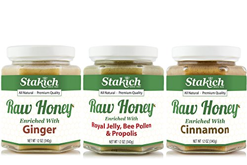 GIFT PACK - Stakich RAW HONEY 12-OZ, Cinnamon RAW HONEY 12-OZ, Ginger RAW HONEY, 12-OZ - Pure, Unprocessed, Unheated, KOSHER - (With Royal Jelly, Bee Pollen & Propolis)