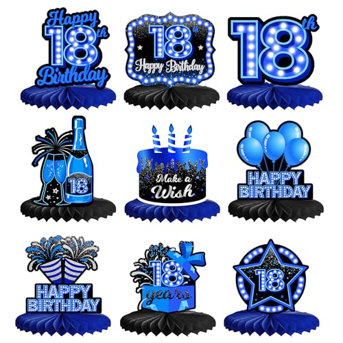 Happy 18th Birthday Honeycomb Centerpieces 9Pcs Stylish Sophisticated Blue Neon Theme Table Decor for Men Birthday Party Celebration Favors Decorations Photo Props Supplies - BECKTEN
