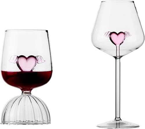Miniatura 1 de PRTECY Juego de 2 copas de copa de vino tinto con corazón rosa, juego de copas de vino de amor, copas de champán para boda, aniversario y ocasiones