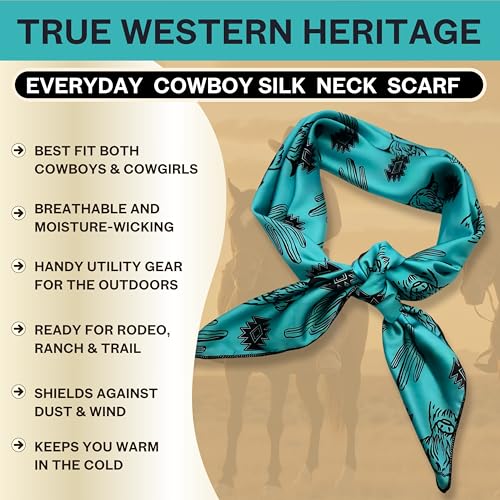 Wild Rag Silk Scarf 36'', Western Cowboy Bandana Square Silky Wild Rags,Turquoise &Black Cactus Highlander Tibal Scarves for Men & Women2