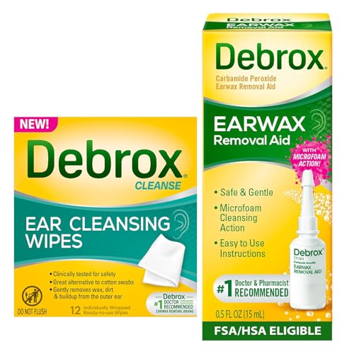 Image of Debrox Ear Cleansing Wipes and Removal Drops, 12 Individually Wrapped Ear Cleaner Wipes & 0.5 Fl Oz Ear Wax Removal Drops
