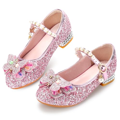 Qimaoo Girls Dress Shoes Mary Jane Princess Shoes Girls' Flats Glitter Low Heels Flower Wedding Party Footwear - 8 Toddler (738 Pink)