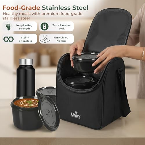 Image of Unify MealMate Lunch Box with 3 Microwave Safe Inner Steel Containers (500ml, 350ml, 200ml), 130ml Plastic Chutney Dabba, Water Bottle 750ml & Spoon | Office Tiffin with Insulated Bag, Black