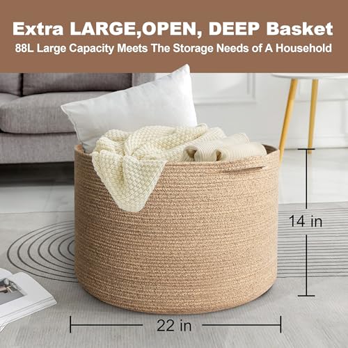 Image of MEGASKET Large Wicker Storage Basket, 22 inch X 22 inch X 14 inch Woven Cotton Rope Basket, Kids Dog Toy Bin Organizer, Blanket Pillow Holder for Living Room, Brown Variegated Wicker Baskets for Organizing