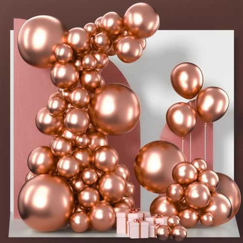 Image of PartyWoo Metallic Rose Gold Balloons 130 pcs Different Sizes Pack of 18 12 10 5 Inch Balloon Arch Kit Garland for Wedding Engagement Birthday Party Decorations Rose Gold-G107