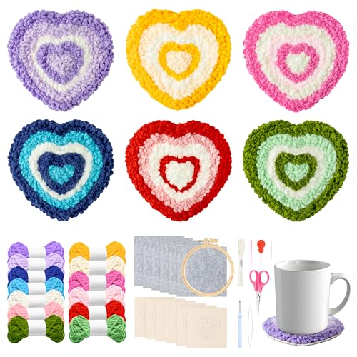 Image of WATINC Heart Punch Needle Coaster Kit - 22Pcs Easy Art Work Decor Craft Supplies Kits for Beginners, DIY Set of 6 Love Pattern Tufted Rug Pads with Adhesive Felt Yarns Embroidery Hoop Instruction Gift