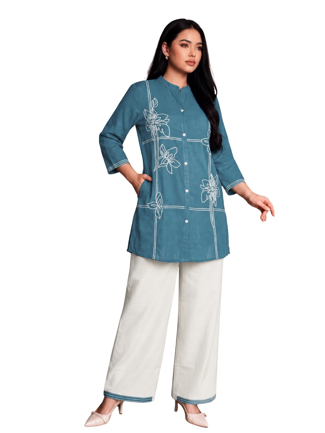 SNITCH Floral Embroidered Kurta Sets for Woman | Straight Fit Ethnic Kurti with Palazzo Pants | Round Neck 3/4 Sleeve | Elegant 2-Piece Outfit | Traditional, Office & Casual Wear (2068) in neutral