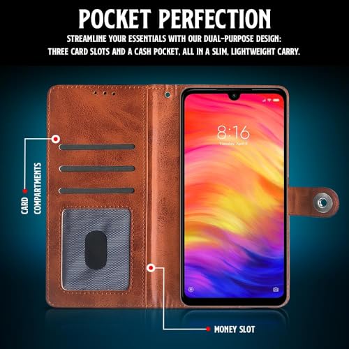 Image of WOW IMAGINE Shock Proof Flip Cover Back Case for Xiaomi Mi Redmi Note 7 | 7 Pro | 7S (Magnetic Button Flip Case | Wallet Pockets & Stand | Leather Finish | Alder Brown)