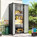 Aoxun 31x19 in Outdoor Storage Cabinet Metal Garden Shed with 2 Adjustable Shelves 3 Layer Indoor& Outdoor Waterproof Vertical Storage Shed for Patio Garden, Garage, Porch (Black, 22 Cu.Ft)