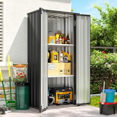Aoxun 31x19 in Outdoor Storage Cabinet Metal Garden Shed with 2 Adjustable Shelves 3 Layer Indoor& Outdoor Waterproof Vertical Storage Shed for Patio Garden, Garage, Porch (Black, 22 Cu.Ft)