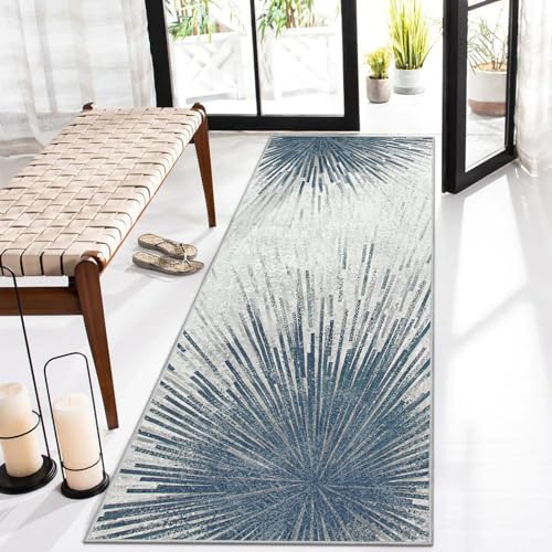 Lahome Modern Runner Rug For Entryway Indoor - 2.5 X 8Ft Runner Rug Non Skid Washable Kitchen Runner Ultra-Thin Non-Slip Hallway Rug Runner, Abstract Print Blue Runner Rug For Bedroom Laundry Foyer cover