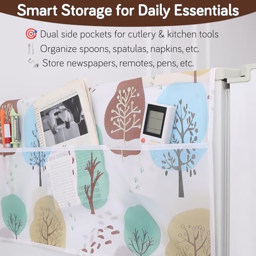 Image of HOKIPO Small Fridge Cover Top | For Smaller Single Door and Smaller Double Door Refrigerator - Waterproof, Printed with 6 Side Pockets, Size Small 130x55 cm, Nature Trees (AR-5875-D2)
