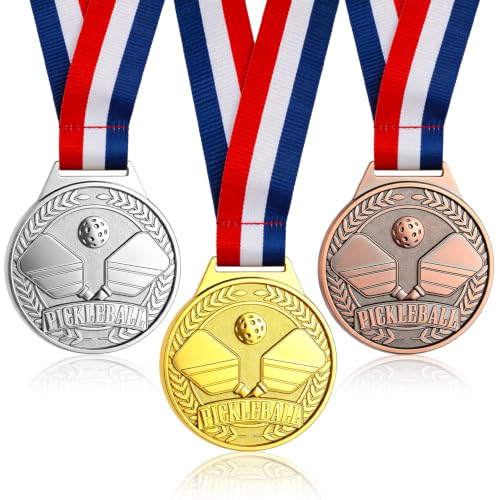 JMZYJZH 3Pcs Pickleball Medals 2.63 Inch Gold Silver Bronze Pickle Balls Medal with V Neck Ribbons for 1st 2nd 3rd Award Prize Gift