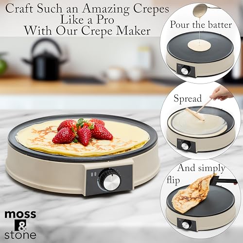 Moss & Stone 12” Electric Griddle Pan & Crepe Machine, Non-Stick Electric Crepe Maker with Adjustable Temperature, Includes Spreader & Spatula – Ideal for Pancakes, Blintzes & Tortillas - Thumbnail 2