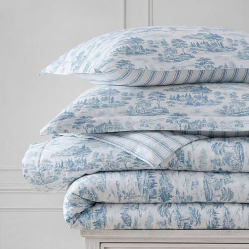 Image of Martha Stewart - King Comforter Set, 100% Silky Smooth Cotton Sateen Bedding for Year Round Comfort, 3 Piece Bed Set with Matching Pillowcases (Farmhouse Toile Blue)