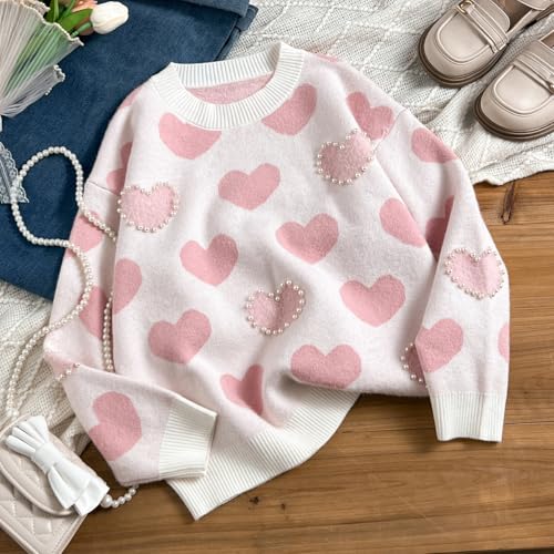 Girls Sweater Sweet Pink Heart Pattern with Pearl Accents Warm Knitted Sweater2