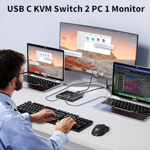 Image of KCEVE USB C Switch 2 in 1 Out, USB C Switch 2 Laptops 1 Monitor, 8K@60Hz / 4K@120Hz / 20Gbps / USB3.1 Gen 2 / 100W PD /Compatible with Thunderbolt Devices /Wired Remote(8K USBC 2 in 1 Out KVM)