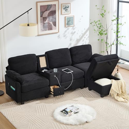 Yihomfy Canapé d'angle Convertible 3 Places en L, canapé modulable en Velours côtelé avec Pouf pour Salon, Console Centrale Amovible avec Espace de...