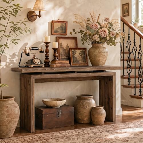 TRIBEWOOD 63-Inch Solid Wood Console Table for Entryway, Farmhouse Narrow Long Sofa Table Behind the Couch for Living Room, Hallway, Foyer, Entrance, Unique Dual-Layer Tabletop, Rustic Brown - image 3