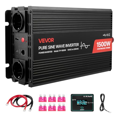 VEVOR Inversor de Corriente 1500 W Inversor de Onda Sinusoidal Pura 12 V CC a 230 V CA, Convertidor de Cargador para Coche con Control Remoto, Puerto USB, 2 Salidas de CA, Puerto Tipo C para Camión