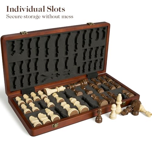 Image of 17 inch Magnetic Wooden Chess Set for Adults Kids, Chess Board Games with Magnetic Pieces & Extra Queens, Folding Portable Travel Large Unique Chess Sets for Tournament Professional Beginner
