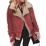 FIRSS Damen Jacke Bikerjacke Pelzmantel Kunstfell Pilotenjacke Teddy-Fleece Wollmantel Plüsch Fleecejacke Winter Warm Faux Kunstfell Wintermantel Parka Winterjacke (L, Rot)