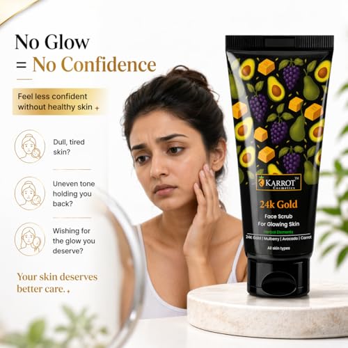 Image of KARROT Anti-Dullness 24K Gold Face Scrub for Glowing Skin | Instant Skin Brightening Deep Cleansing Exfoliator for Tan Removal, Blackheads & Dead Skin | Smooth Radiant Skin for Men & Women - 100g