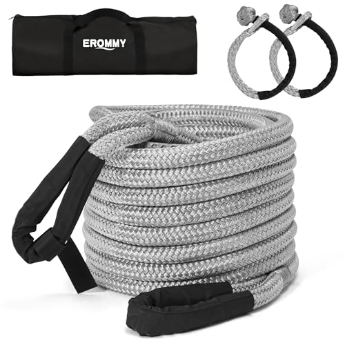 Erommy Kinetic Recovery Tow Rope with 2 Soft Shackles,Elongation over 30% Heavy Duty Tow Strap(11200kg) for Car Pickup Truck Tractor Jeep RV etc. Rescue in Snow,Sand and mud Environments,Grey