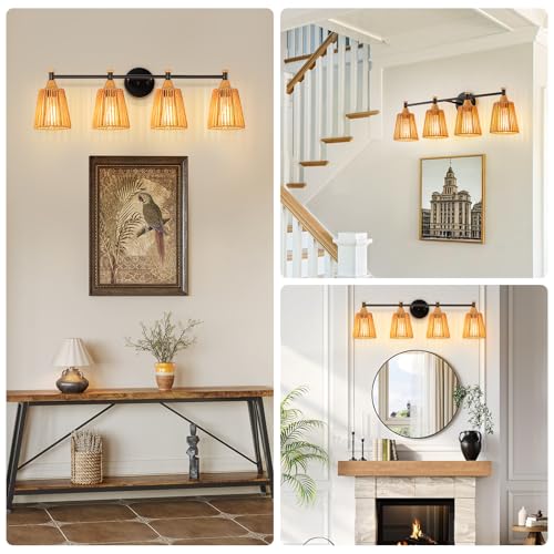 Image of Boho Bathroom Light Fixtures Over Mirror, 4-Light Farmhouse Vanity Lights | Handwoven Rattan Wicker Shades, Rustic Lighting for Bedroom Kitchen Hallway Restroom Bathroom